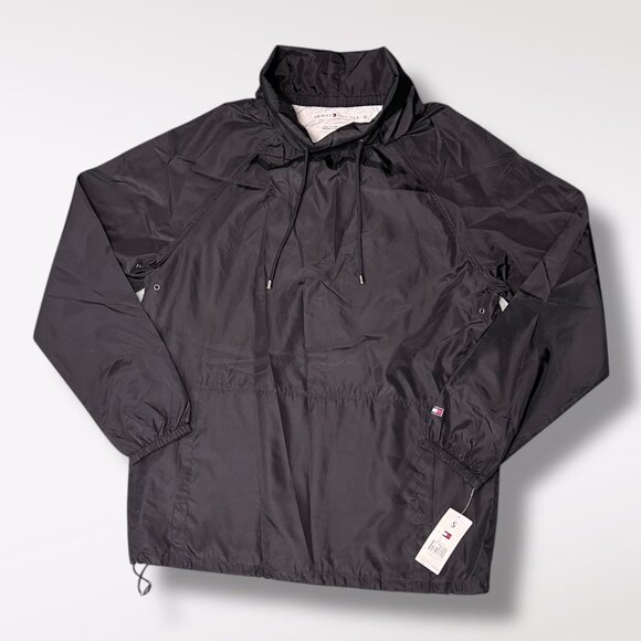 Tommy Hilfiger Black Windbreaker Jacket Spell Out Logo Nylon Pullover 90s Small - Picture 8 of 9